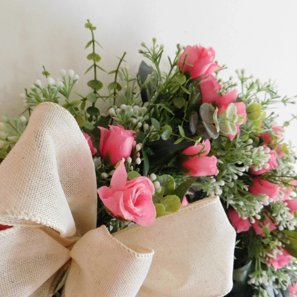 Dusty Miller Rosebud Spring Summer‎ Wreath for Front Door Eucalyptus Pink Roses